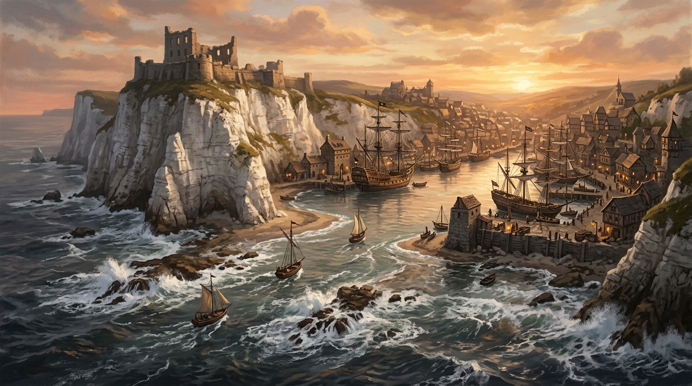 A pirate harbour viewed from offshore beyond white cliffs and a sandbar, with ships, a ruined battery on the hill, and reefs marking the channel