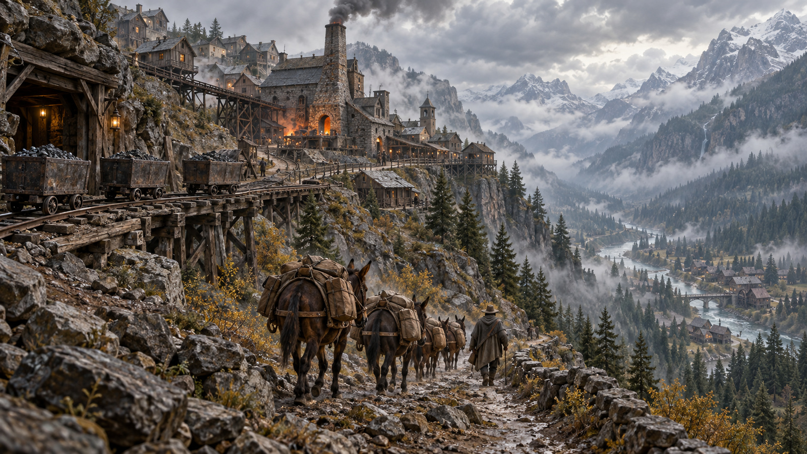 A hillside mining town with a smelter, ore carts, and a laden pack train descending a mountain track