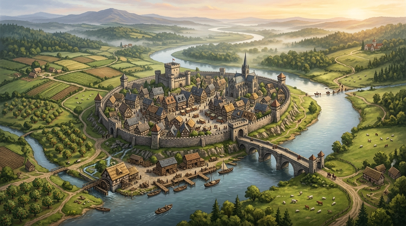 A medieval river town on a raised terrace with a stone bridge, market, harbour warehouses, watermill, fields and grazing land
