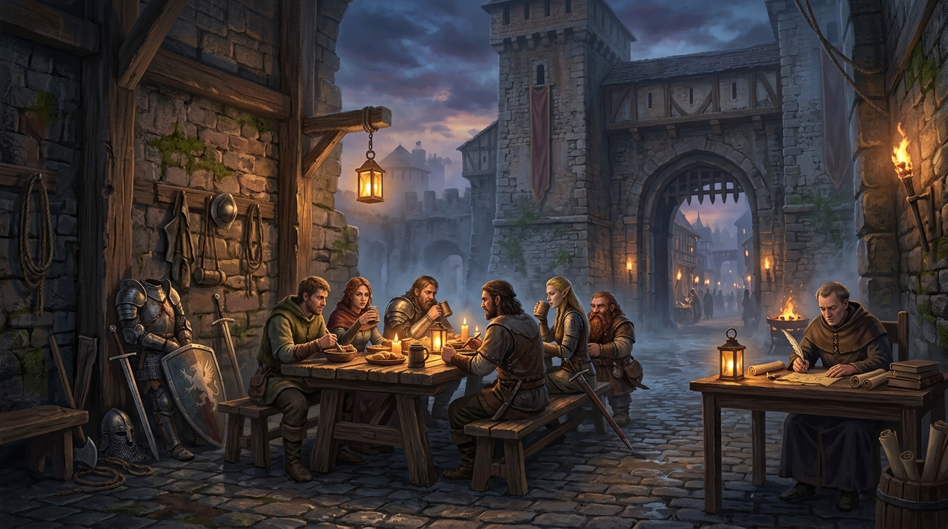 Adventurers share a meal and talk at a canteen table near a city gate at dusk, armour set aside, a clerk writing nearby
