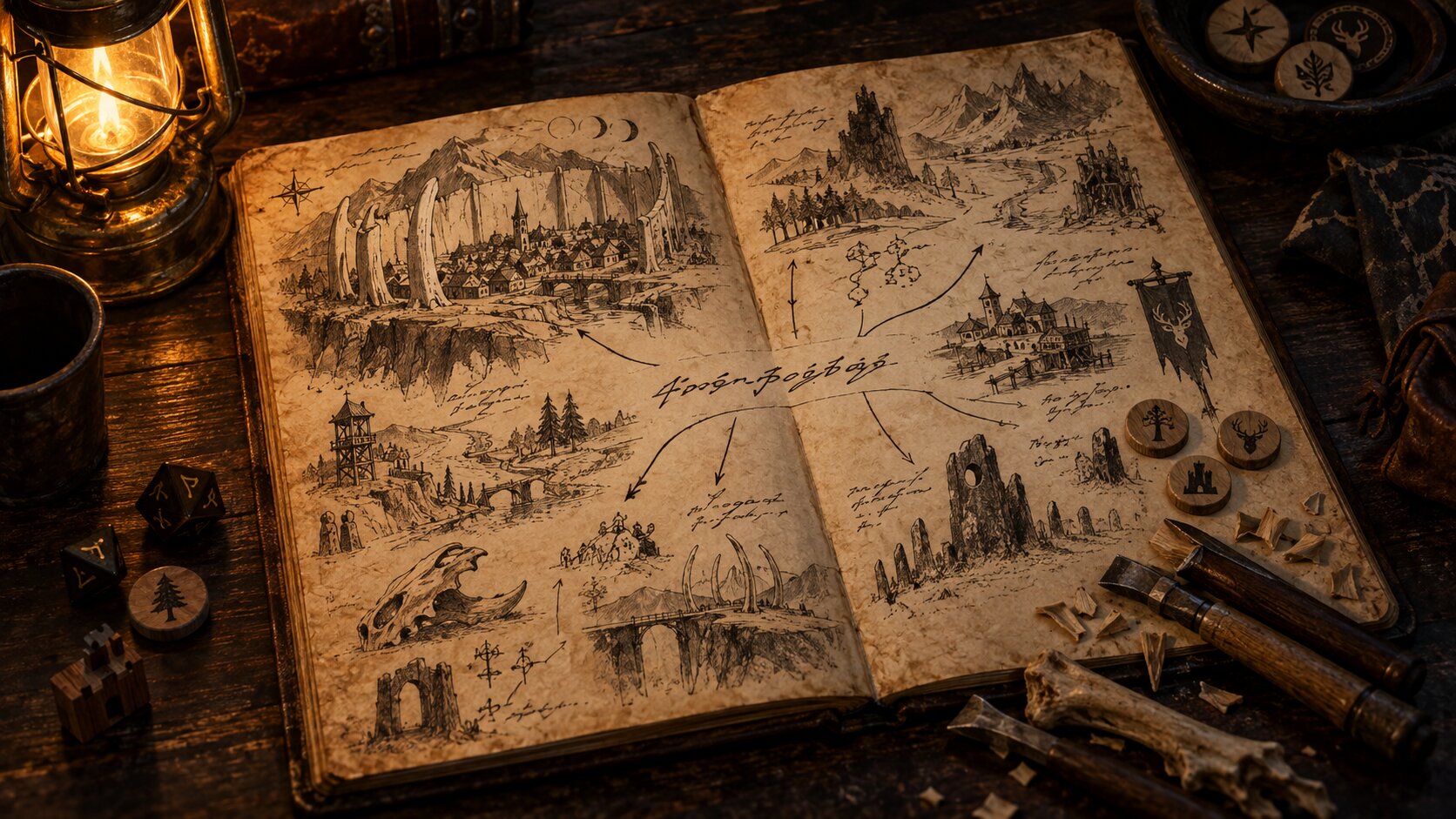 A game master's notebook open to a single sentence with branching sketches of a bone-walled town, carver's tools and small tokens beside a lantern