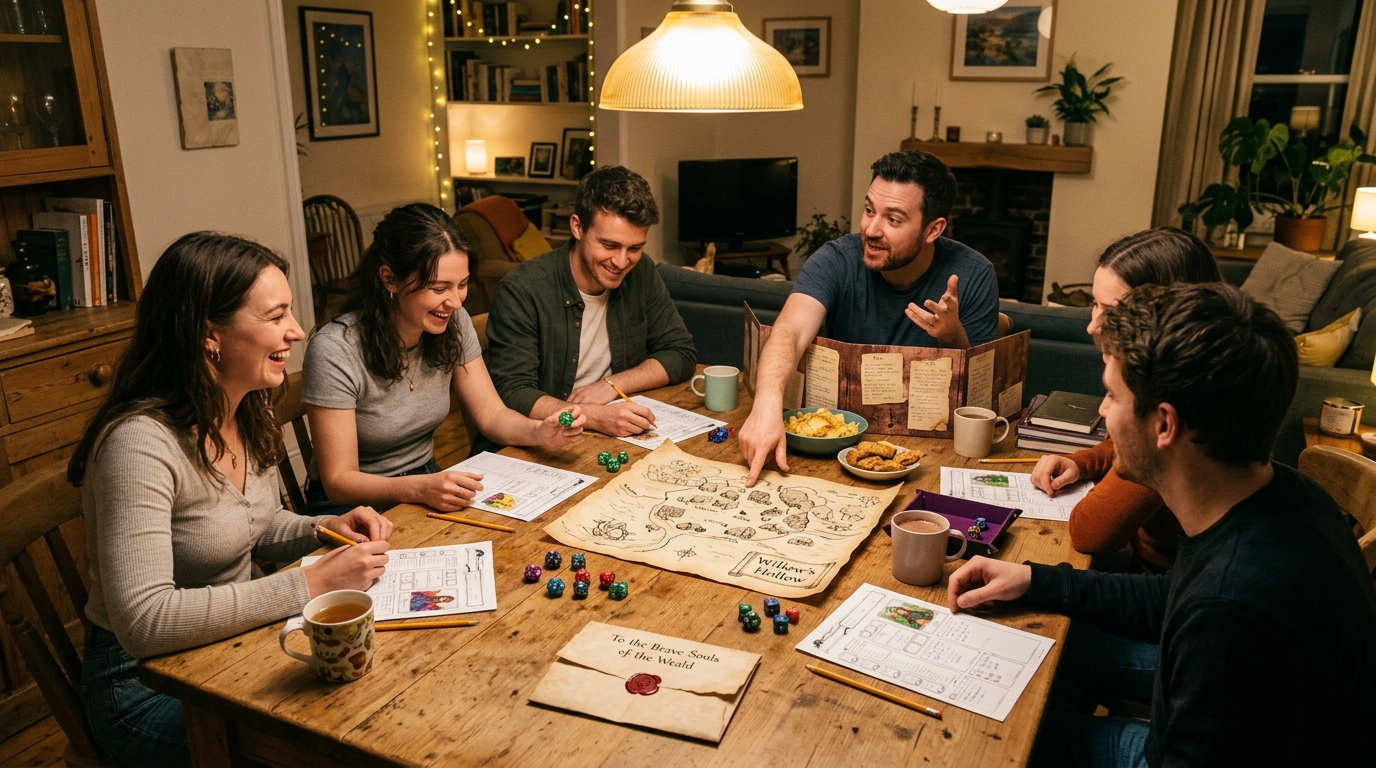 Friends gathered around a table with a hand-drawn village map, sealed letter, dice and cheerful character sheets in warm light