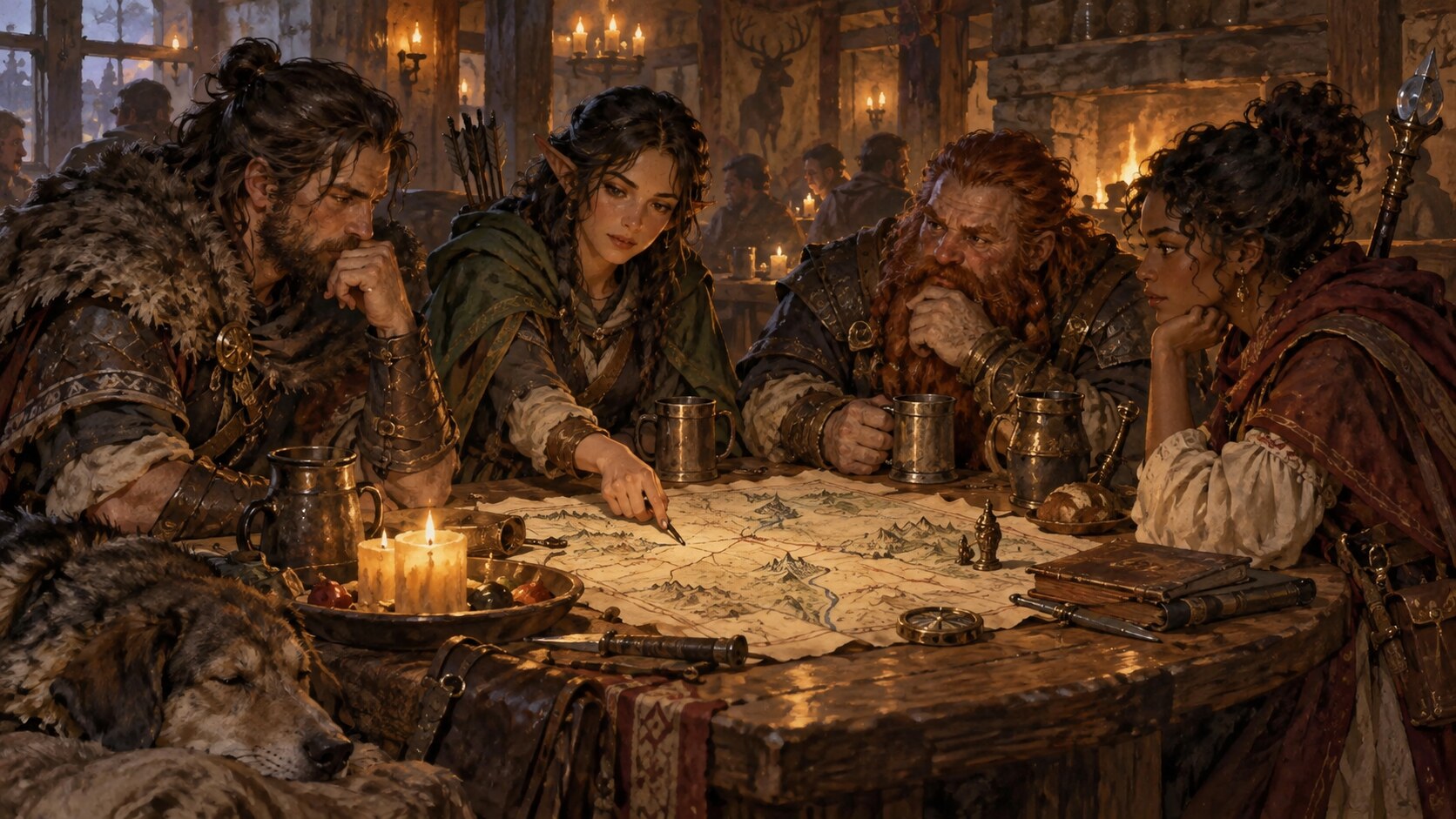 Four adventurers share clues and plan together around a map in a candlelit room