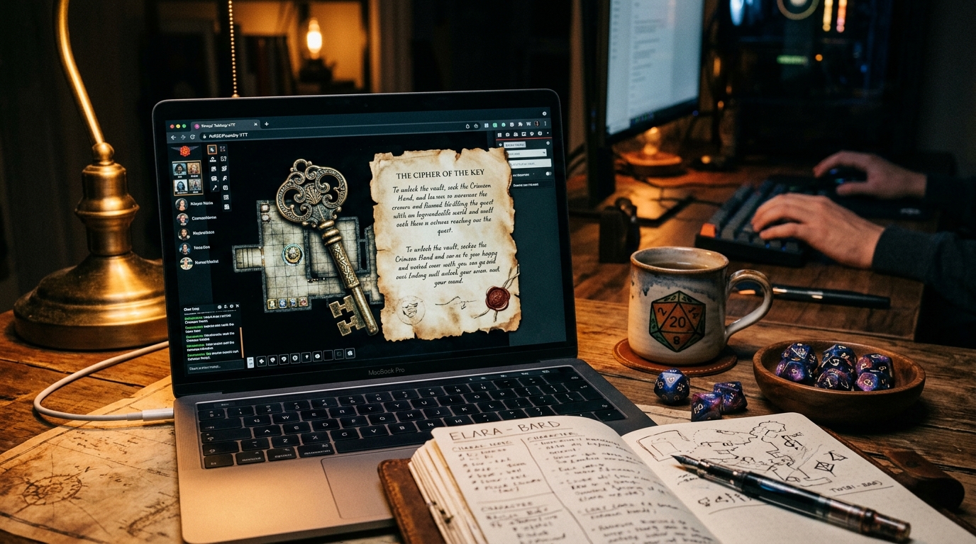 A laptop on a lamplit desk showing an illustrated brass key and a torn letter handout, with dice, a notebook and a mug beside it