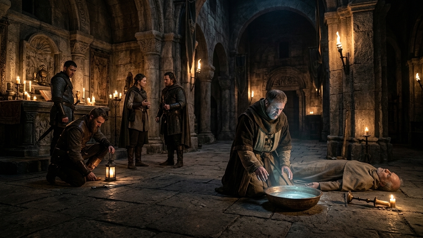 A cleric casts a divination ritual in a temple while companions examine evidence and question a witness