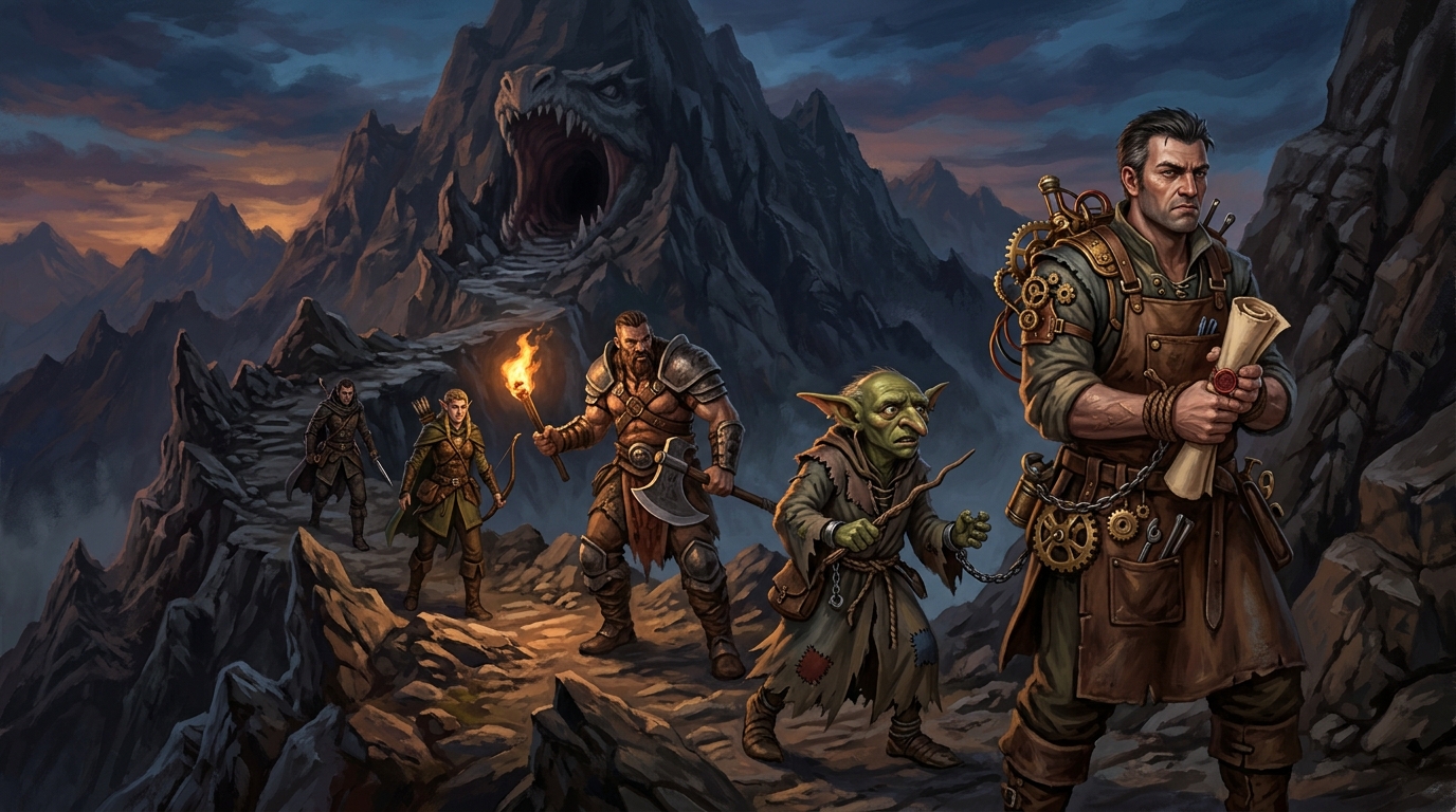 Two captive NPCs travelling unwillingly with an adventuring party towards a dragon lair entrance at dusk, one checking a contract scroll and one looking back towards the road