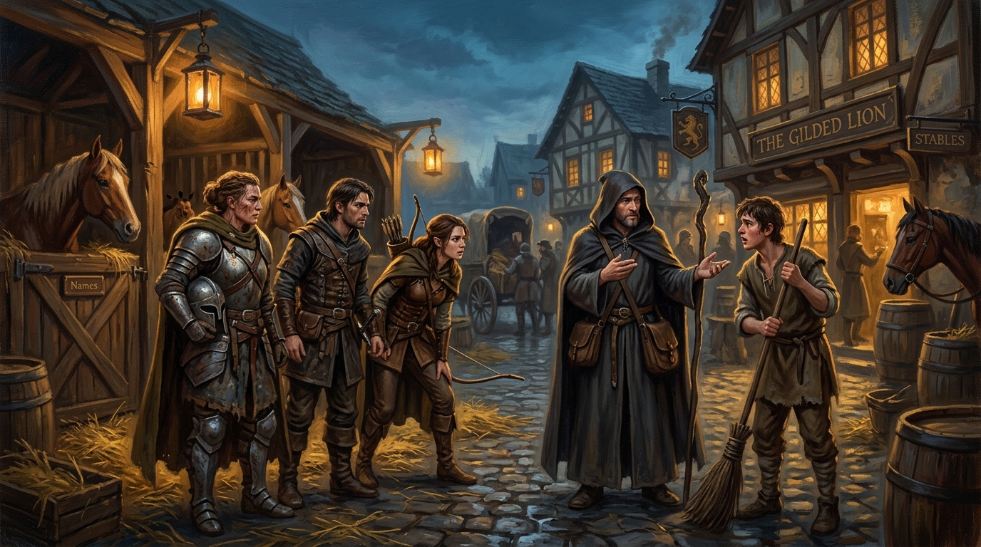 A Dungeon Master improvising an encounter with a stable hand NPC as adventurers ask about a late-night courier in a lantern-lit yard