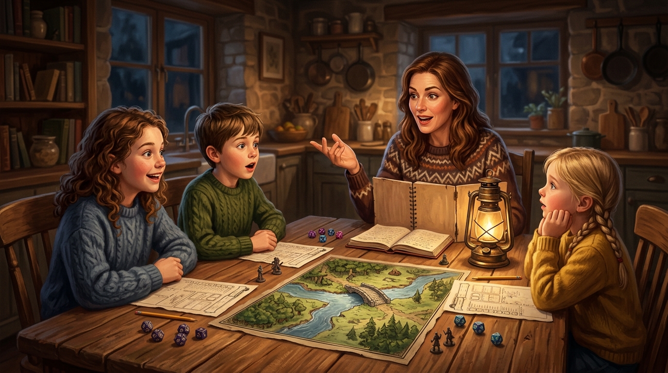 Children and a parent playing Dungeons and Dragons around a kitchen table with dice, character sheets and a hand-drawn bridge map in warm evening light
