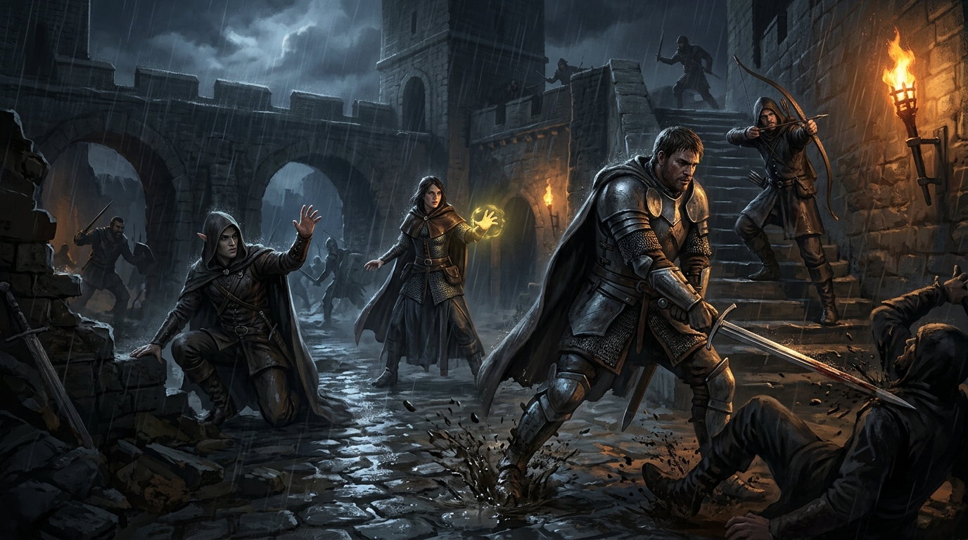 Adventurers coordinate around a fighter in a rain-darkened stone courtyard