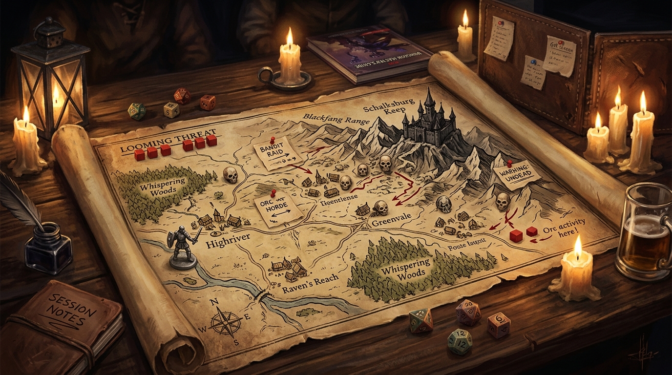 A game master map table showing a looming fortress, frontier settlements and connecting roads marked with threat tokens and warning notes