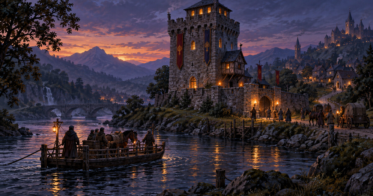 A fortified river tower at dusk with lit windows, a ferry crossing below and townsfolk arriving along the road