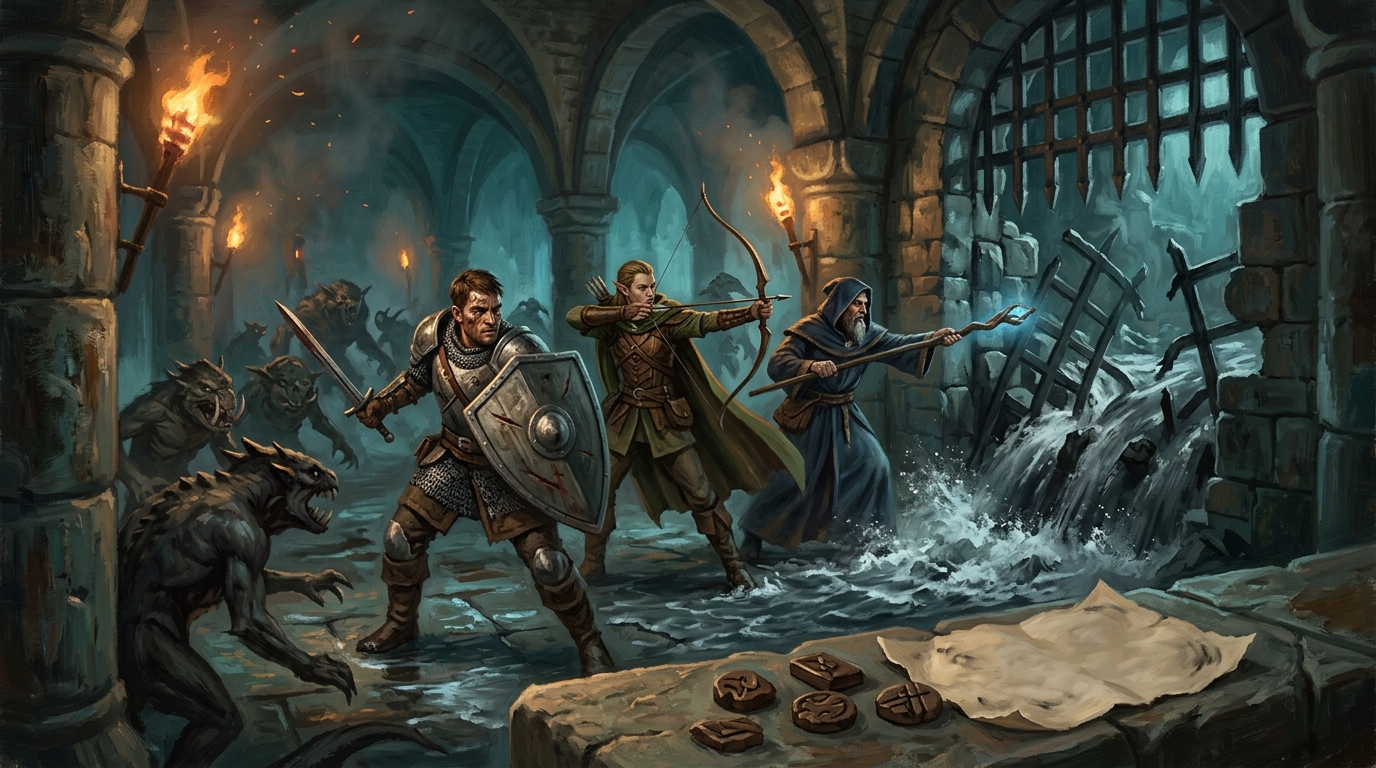 Adventurers make tactical choices in a torchlit tower as a guard reaches for a signal beacon