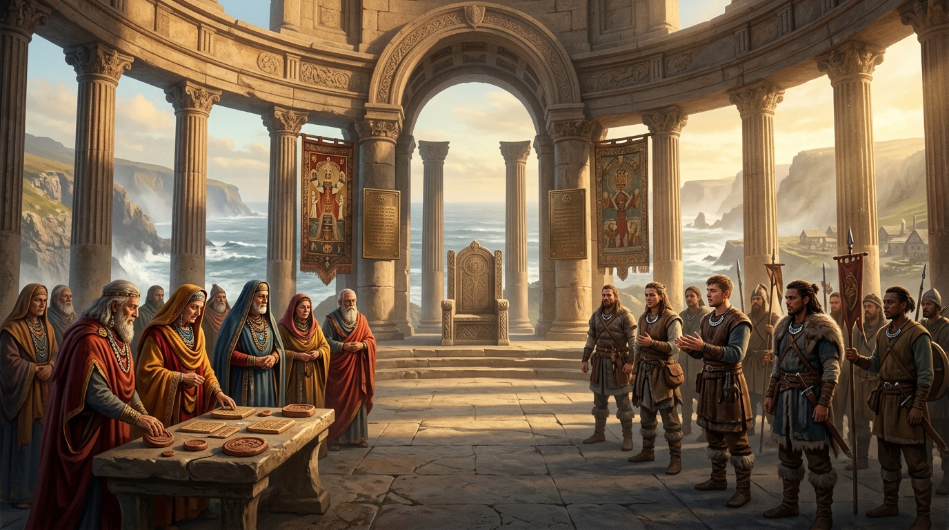 Two distinct neighbouring cultures meeting at a threshold ritual, with contrasting guest houses, lineage registers, and shared assembly stones