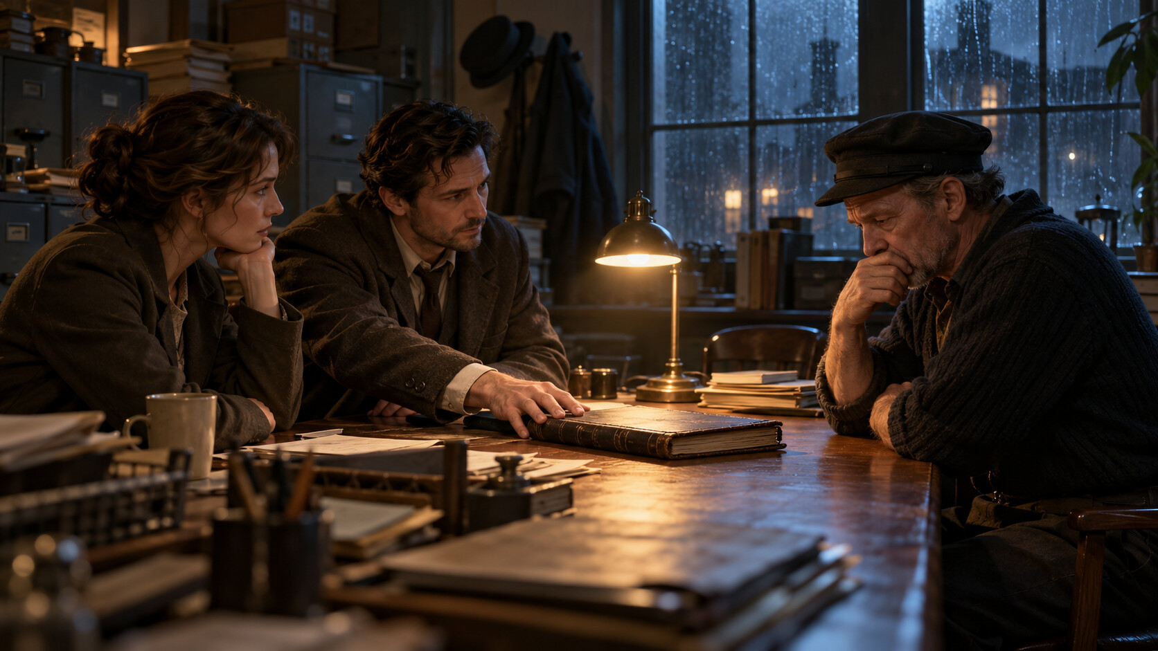 Two investigators compare a watch log with a night porter during a rain-lit interview