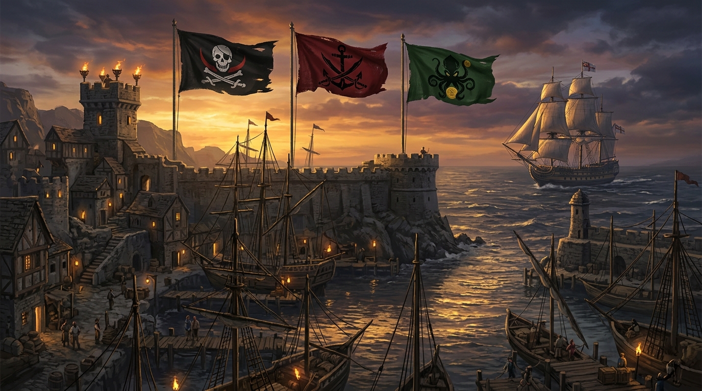 Three rival pirate flags flying over a contested harbour at sunset while a naval patrol approaches from the open sea