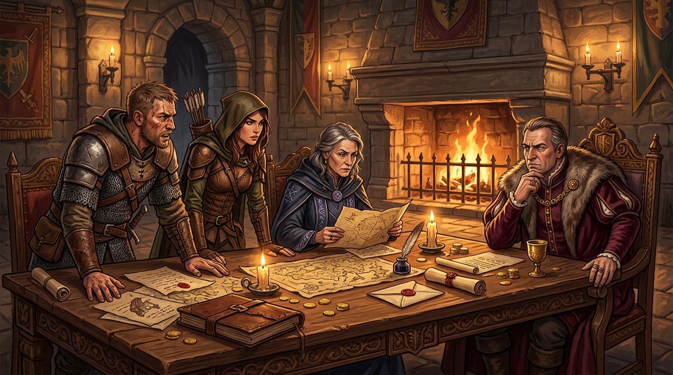 Adventurers negotiating with a lord at a wooden table, maps and sealed letters spread between them, warm hall light behind