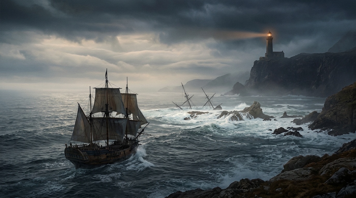 A small sailing ship on a grey-blue sea under low cloud, with distant reefs, a wreck spar, and a headland light marking the channel
