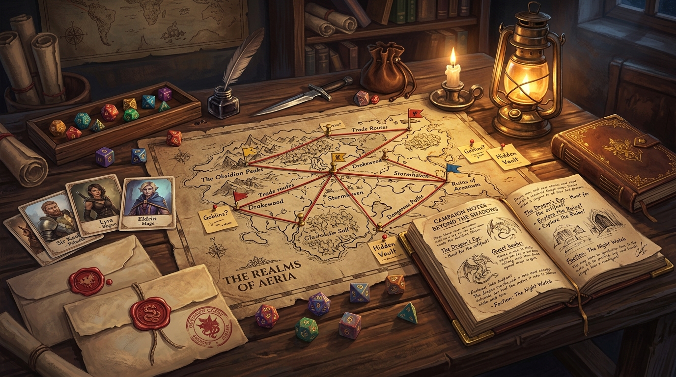 A dungeon master's desk with scattered NPC cards, faction sigils, quest hooks and a hand-drawn map connected by string