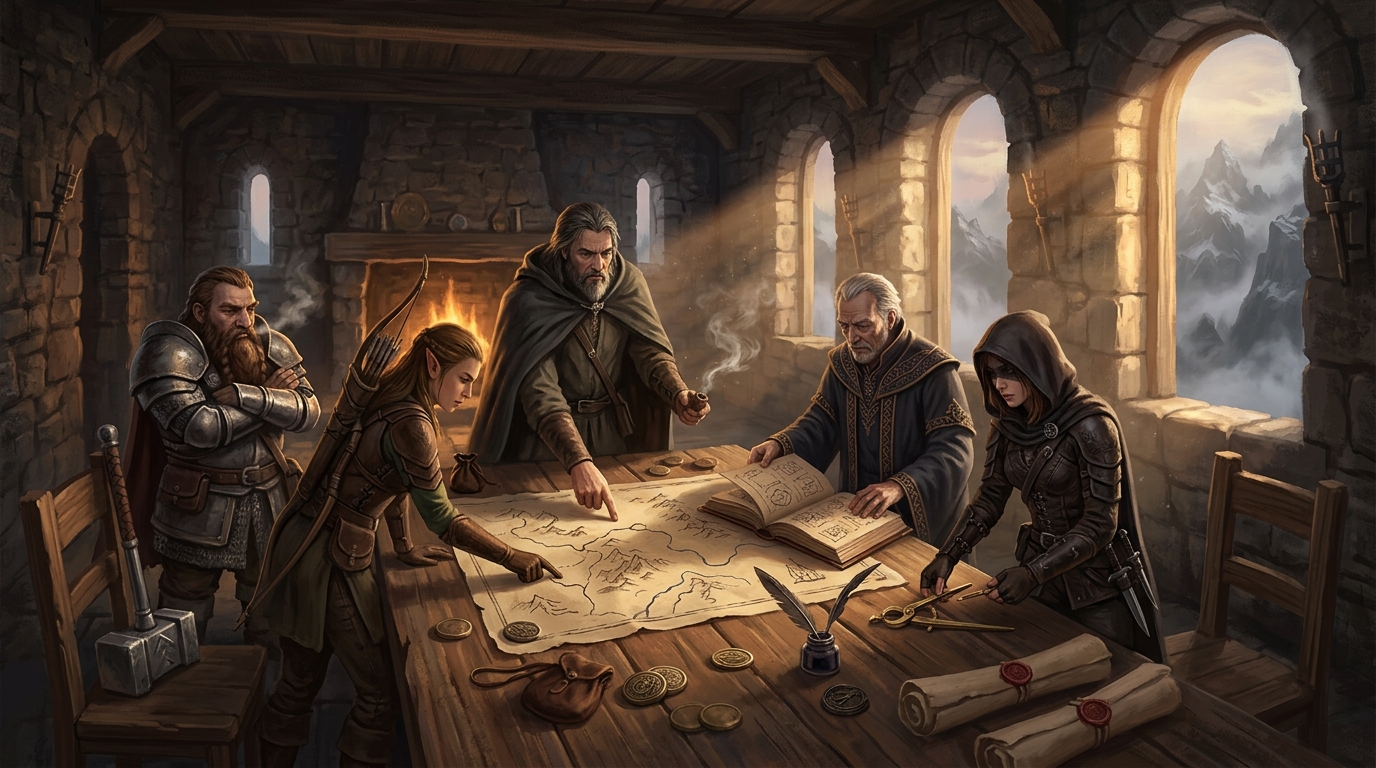 Game master notes and Black Flag character sheets arranged beside dice and campaign maps