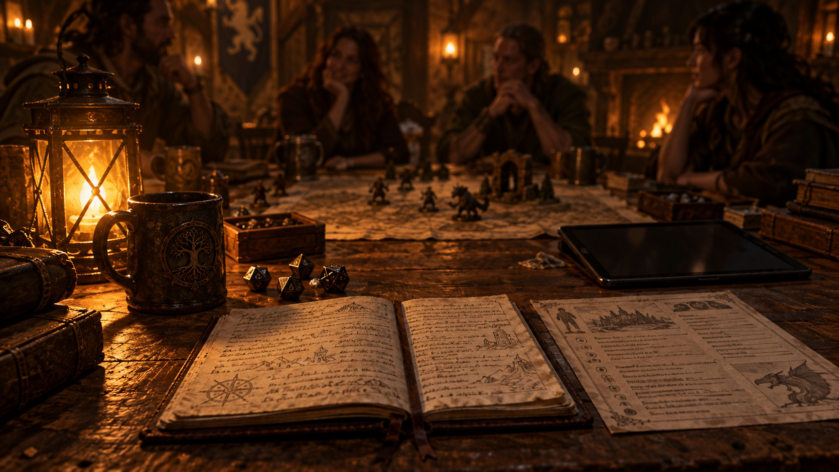 A game master's table in lantern light: an open notebook, a printed one-page session sheet, dice and a tablet lying flat, with players watching from across the table