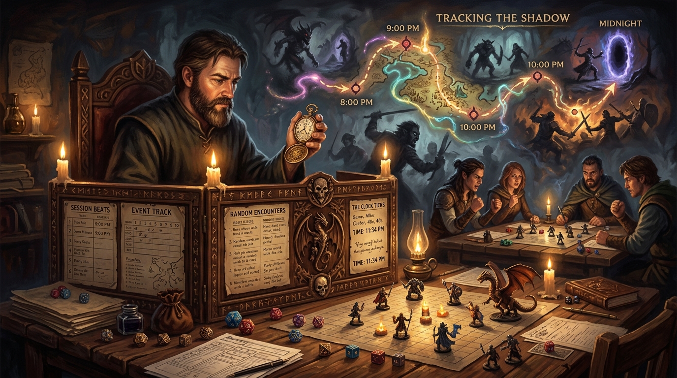 Illustration of a Game Master tracking session beats and table time with a pocket watch and notes behind a wooden GM screen
