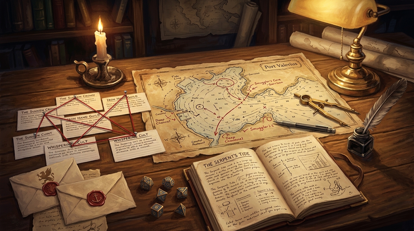 A game master's desk with arc notes, linked faction cards and a harbour map marked with tide lines and sealed letters