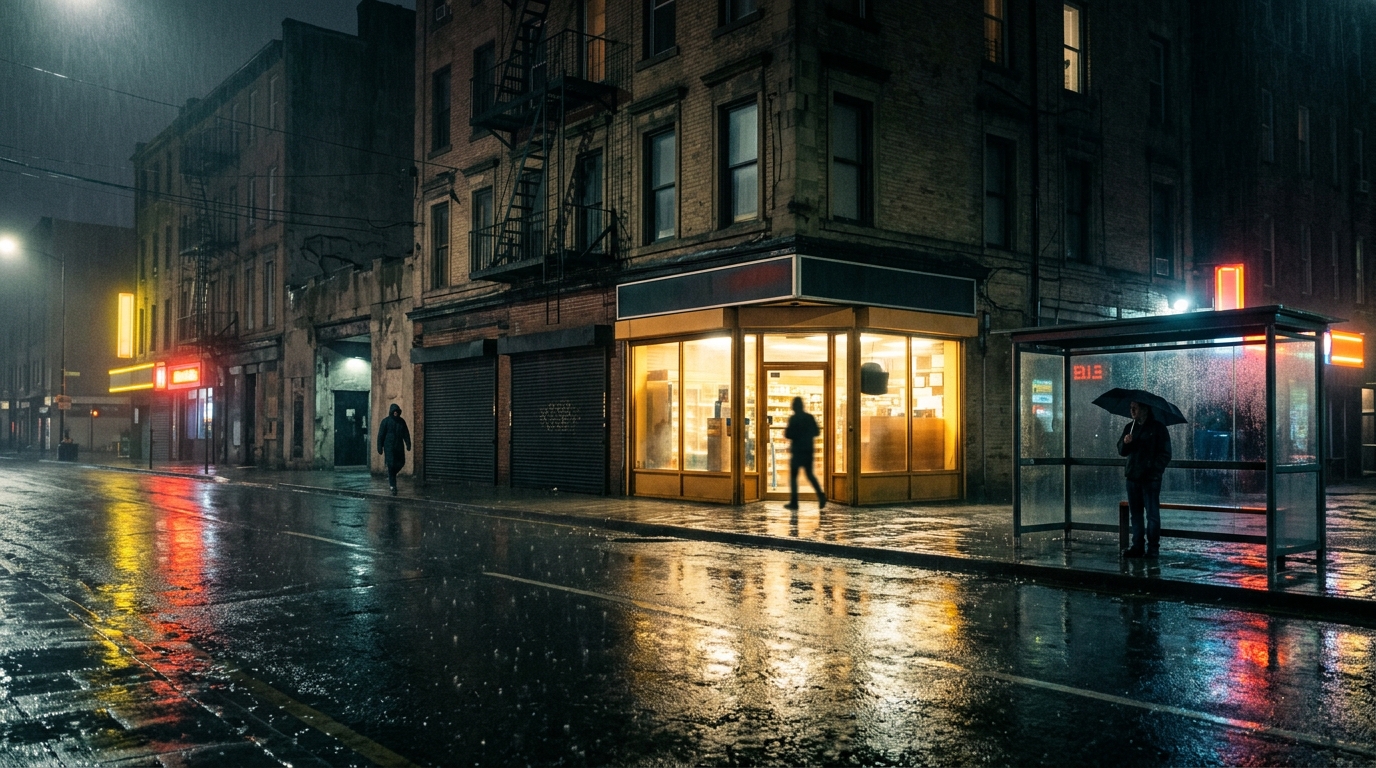Rainy modern city street at night with an all-night convenience store, flats above shuttered shops, a bus stop, and a covered doorway