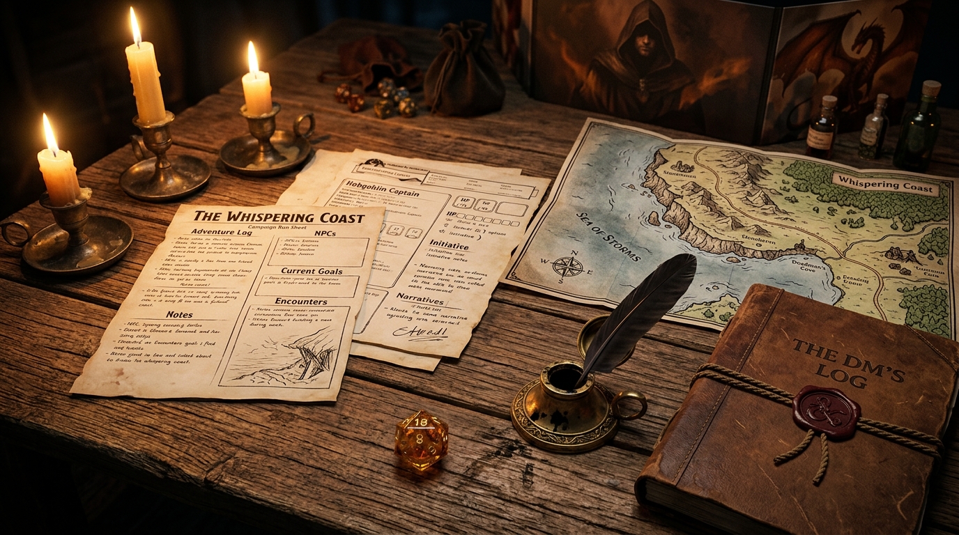 A Dungeon Master's desk by candlelight with a one-page run sheet, D&D stat notes, a coast road map, a sealed ledger and a d20 beside ink and quill