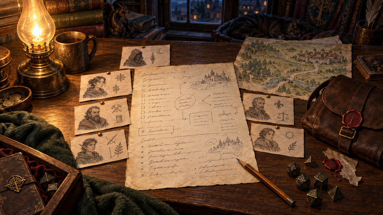 A game master's desk by lamplight with a one-page run sheet, NPC index cards, a road map, a courier's satchel and a broken wax seal