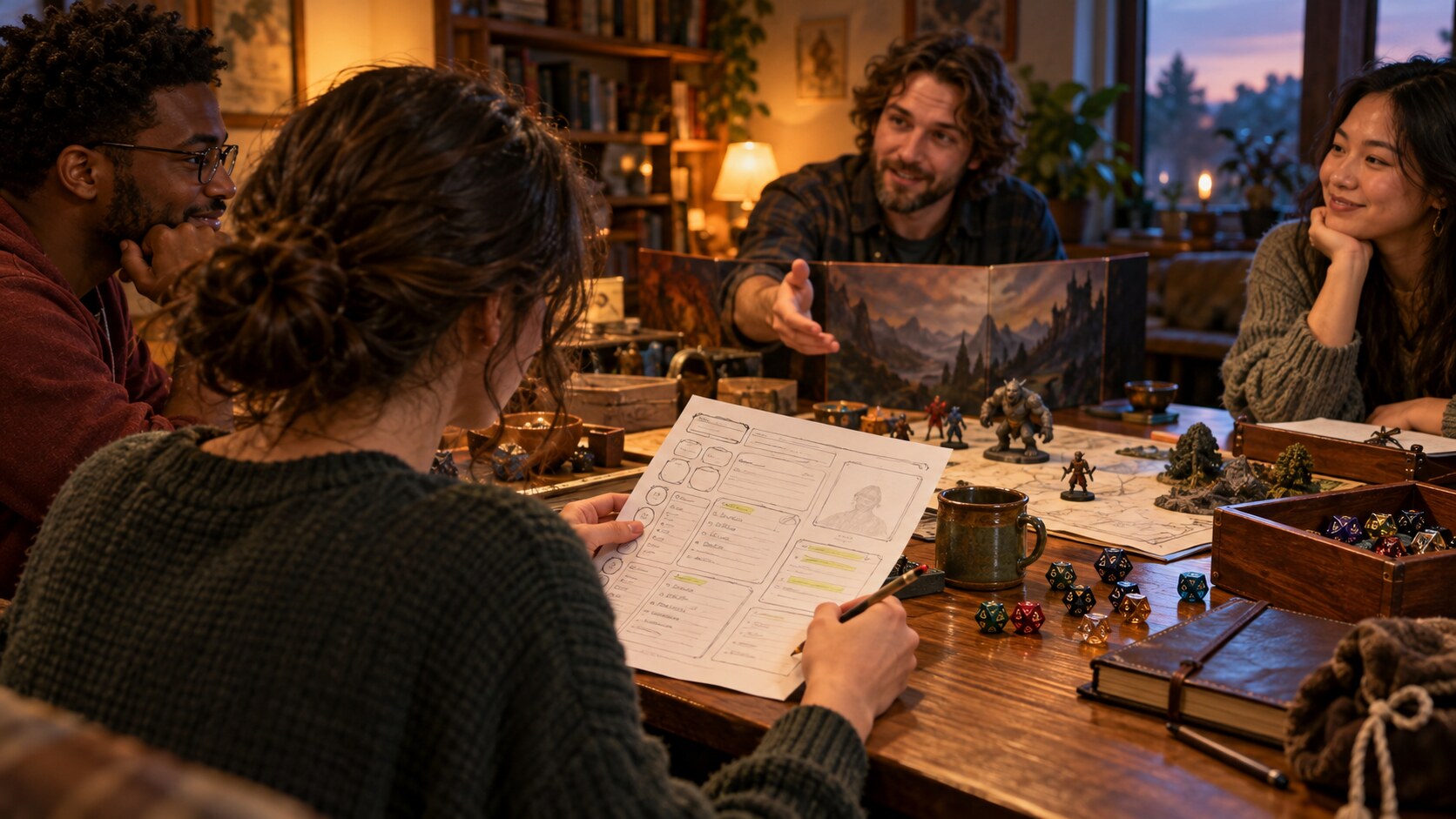 Beginner D&D character sheet with hit points and Armour Class highlighted on a tabletop