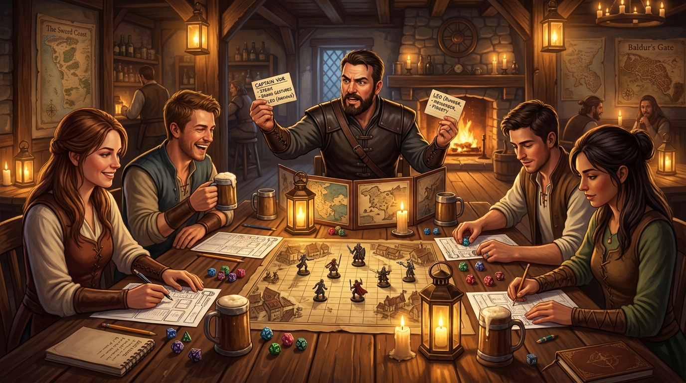 A Dungeon Master at a warmly lit table using simple hand gestures and note cards to portray two distinct NPCs while players listen