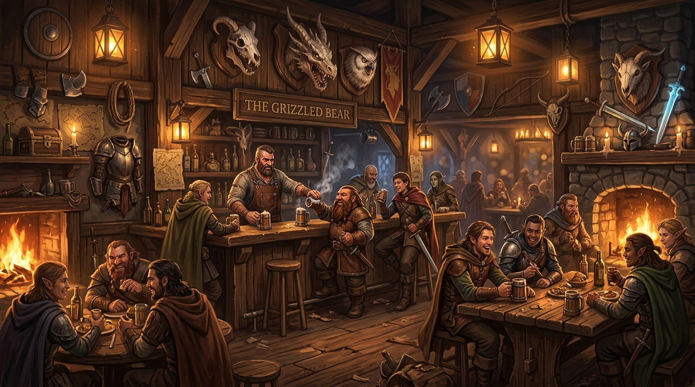 A cosy tavern interior at evening with a busy bar, warm lantern light and patrons gathered around tables