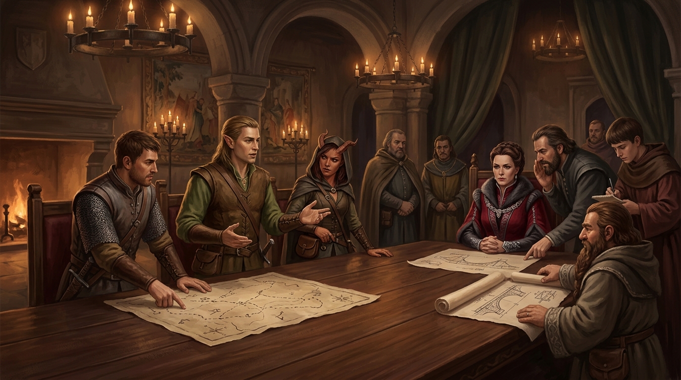 An envoy negotiates with a duchess as companions bring evidence and practical proposals to the council table