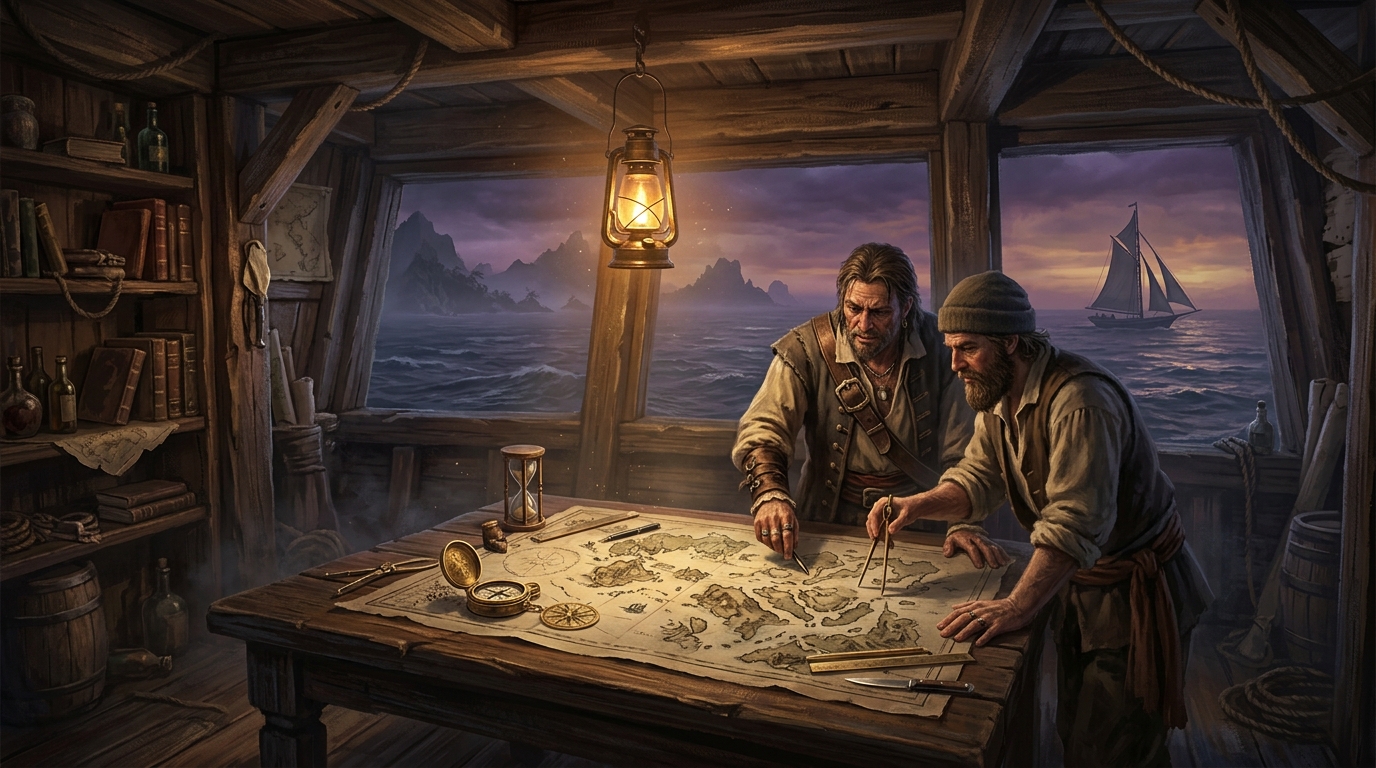 A pirate archipelago chart spread under lantern light showing compass, sounding marks, scattered islands, and a small sloop linking the chain
