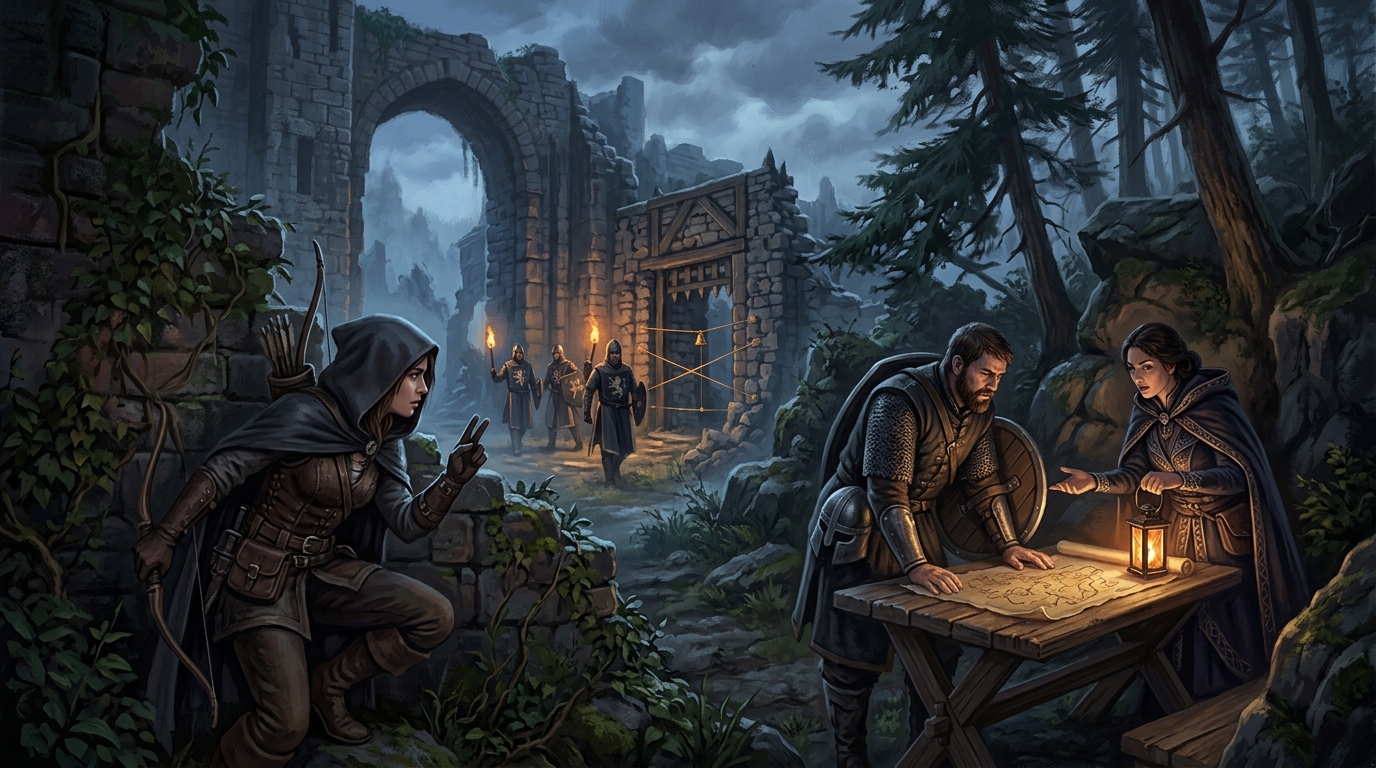A rogue signals to companions planning their route past guards at a trapped entrance to a ruined keep