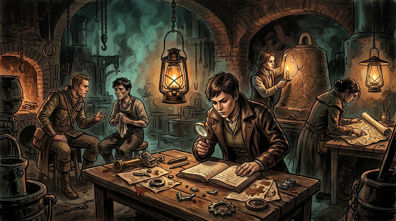 An investigator compares a clue with notes while companions question a witness and examine a foundry ledger