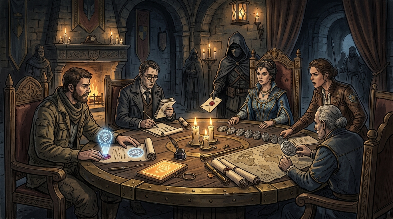 Political envoys, a reporter, and a guild officer bargain over a bridge contract at a council table