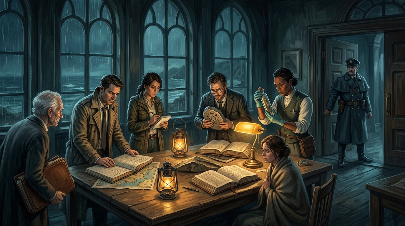 Investigators, a reporter, a scholar, and a constable examine clues and records by lamplight in a coastal archive