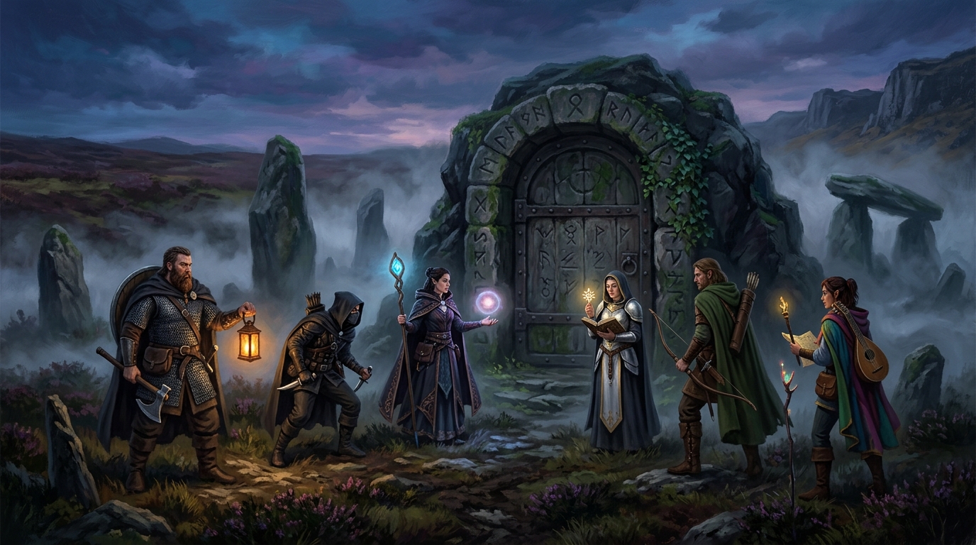 A fantasy adventuring company of warrior, rogue, mage, priest, ranger and bard gathered at the sealed entrance of a misty moorland barrow
