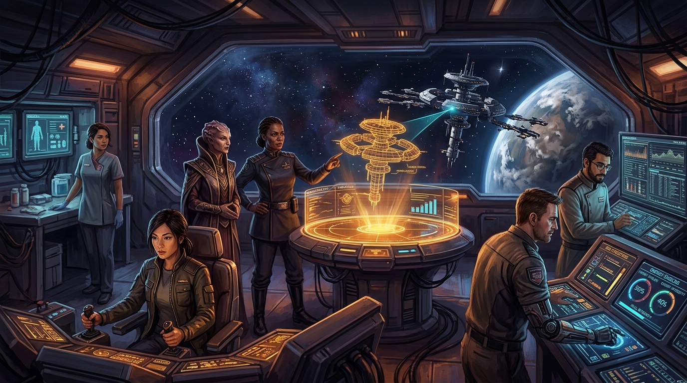 A diverse starship bridge crew of pilot, engineer, scientist, captain and medic gathered around a holo display of an orbital station approach