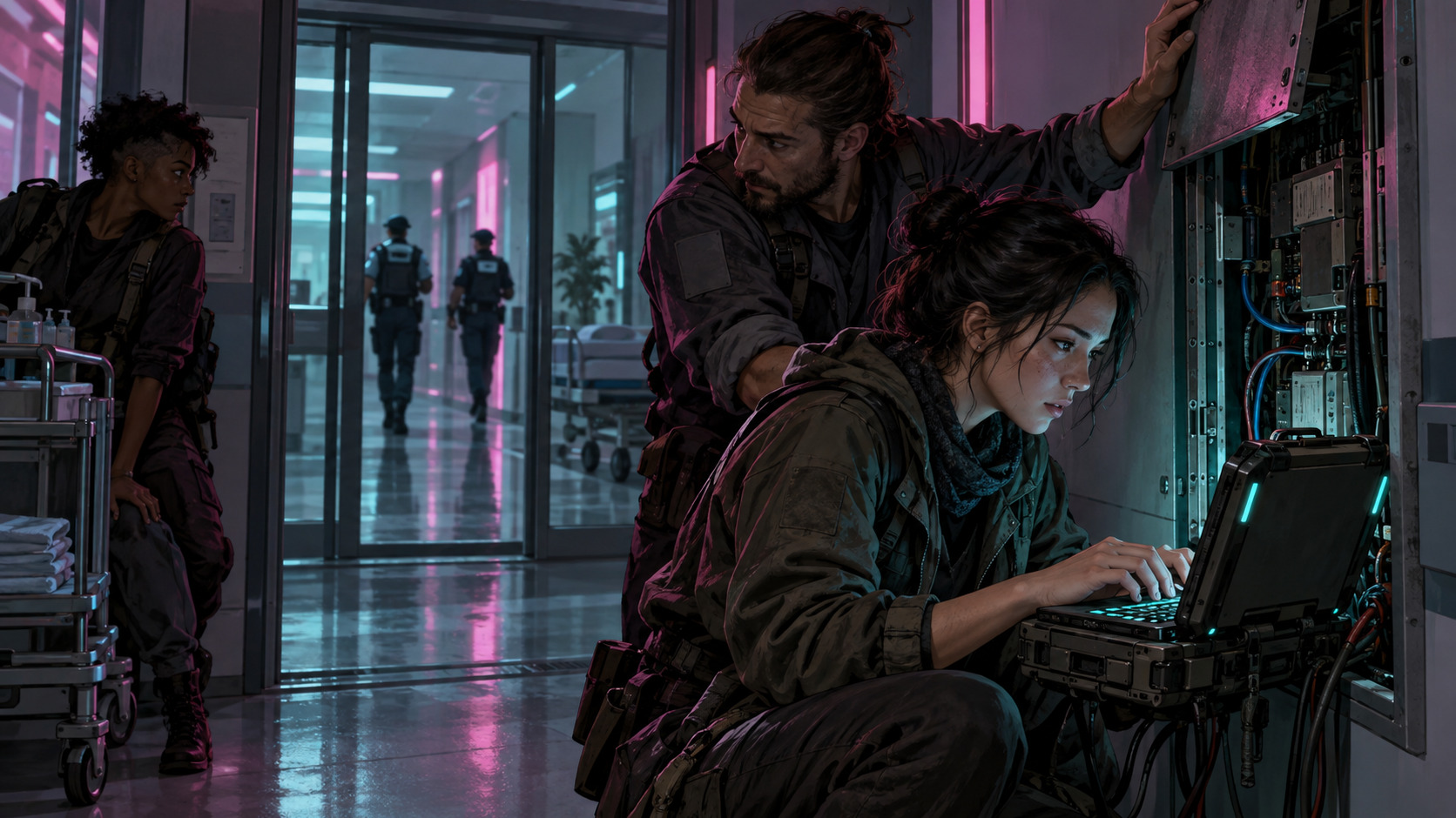 A hacker works at a service terminal as their crew faces a security patrol in a cyberpunk clinic