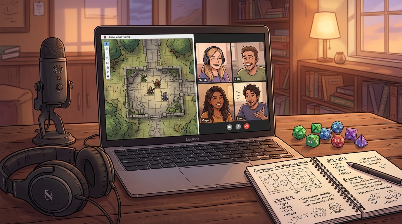 A game master at a desk with headphones and a laptop showing four players on a call and a fantasy battlemap, with dice and a notebook beside the keyboard
