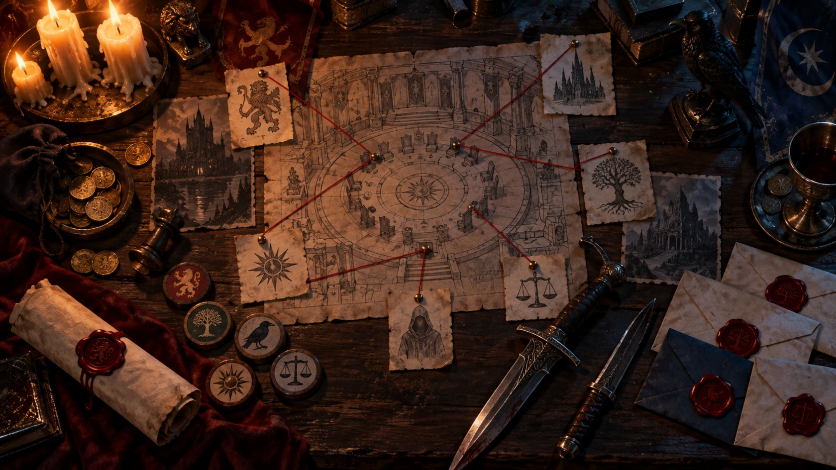 A game master map table showing faction tokens, sealed letters and connecting strings around a council chamber sketch