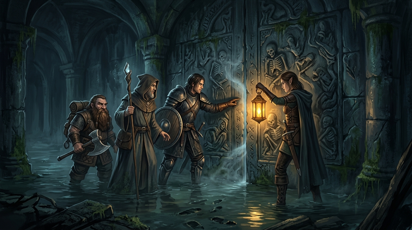 Adventurers with a lantern noticing a cold draught along a carved stone wall with a faint secret door seam in a flooded crypt