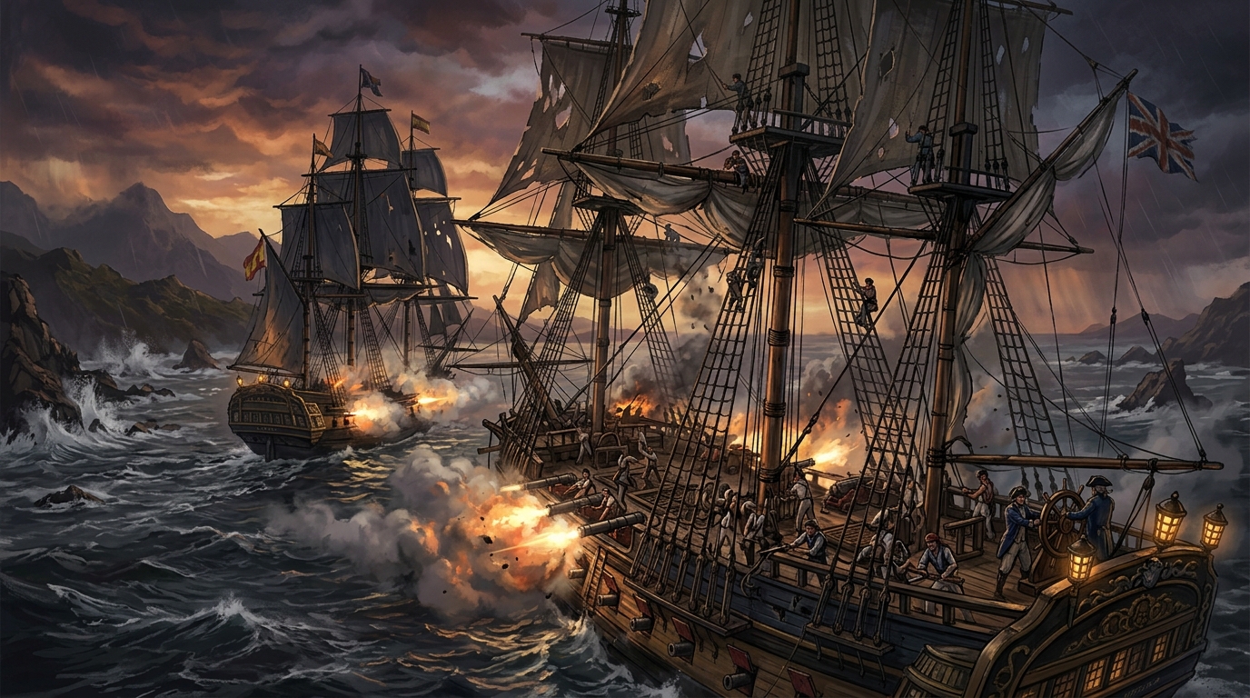 Two sailing ships exchanging broadsides off a reef-marked coastline at dusk, with crew visible at helm, guns, and rigging