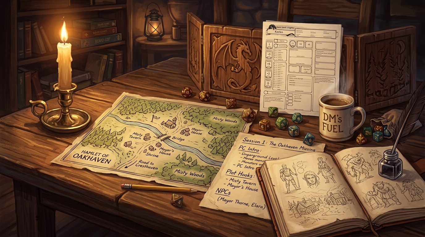 Dungeon Master notes, dice, and a small settlement map laid out for the first D&D campaign session