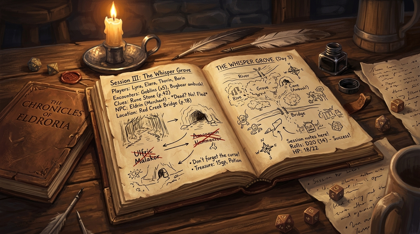 A player's notebook open beside dice with terse handwritten notes, symbols and names visible in warm table light