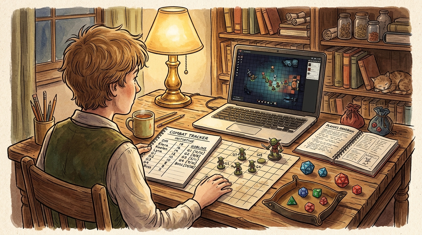 A Dungeon Master tracks numbered goblin tokens, initiative order and hit points beside a battlemap and dice during an online D&D combat