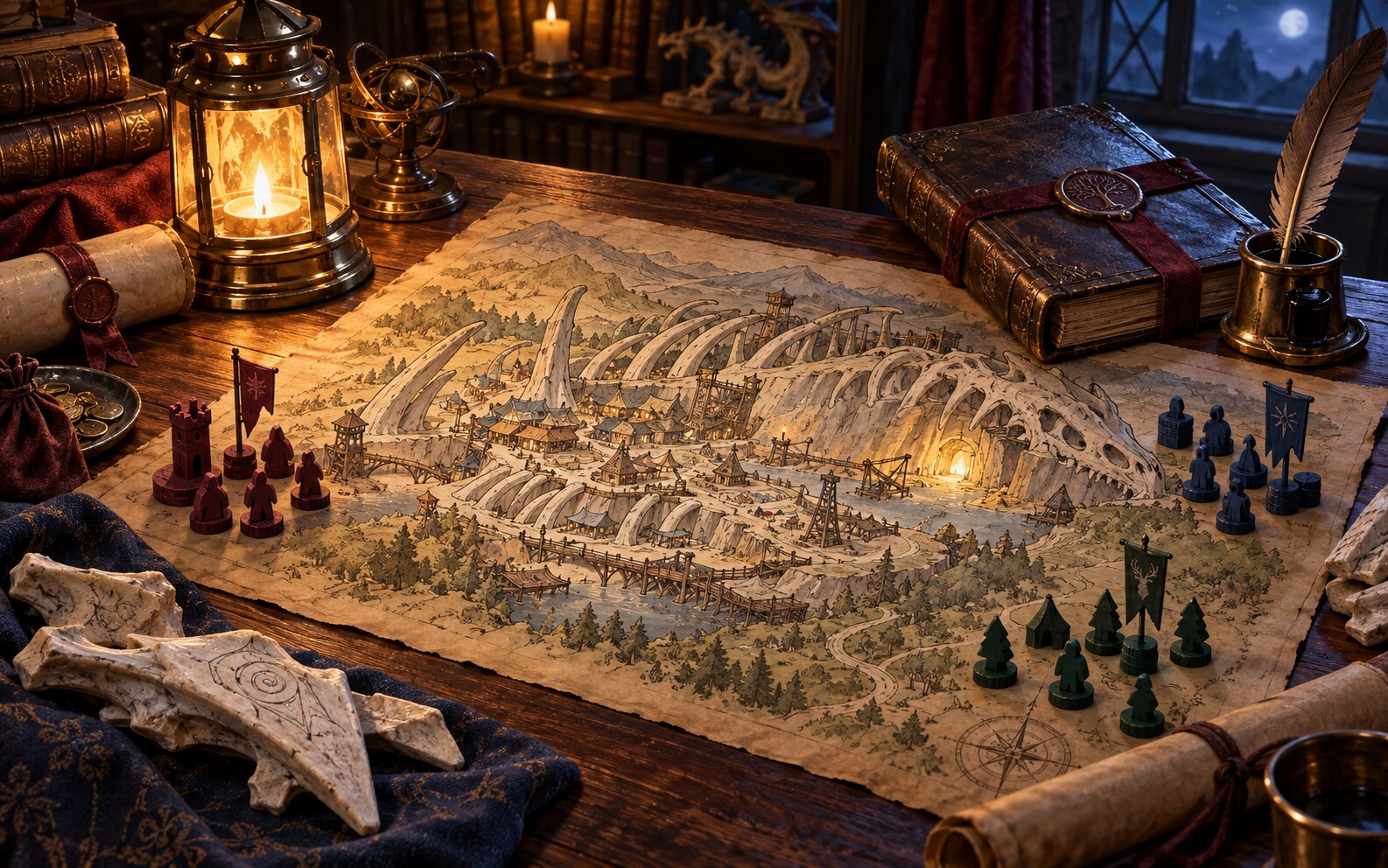 A game master's table with a hand-drawn town map, bone fragments and faction tokens laid out around a lantern