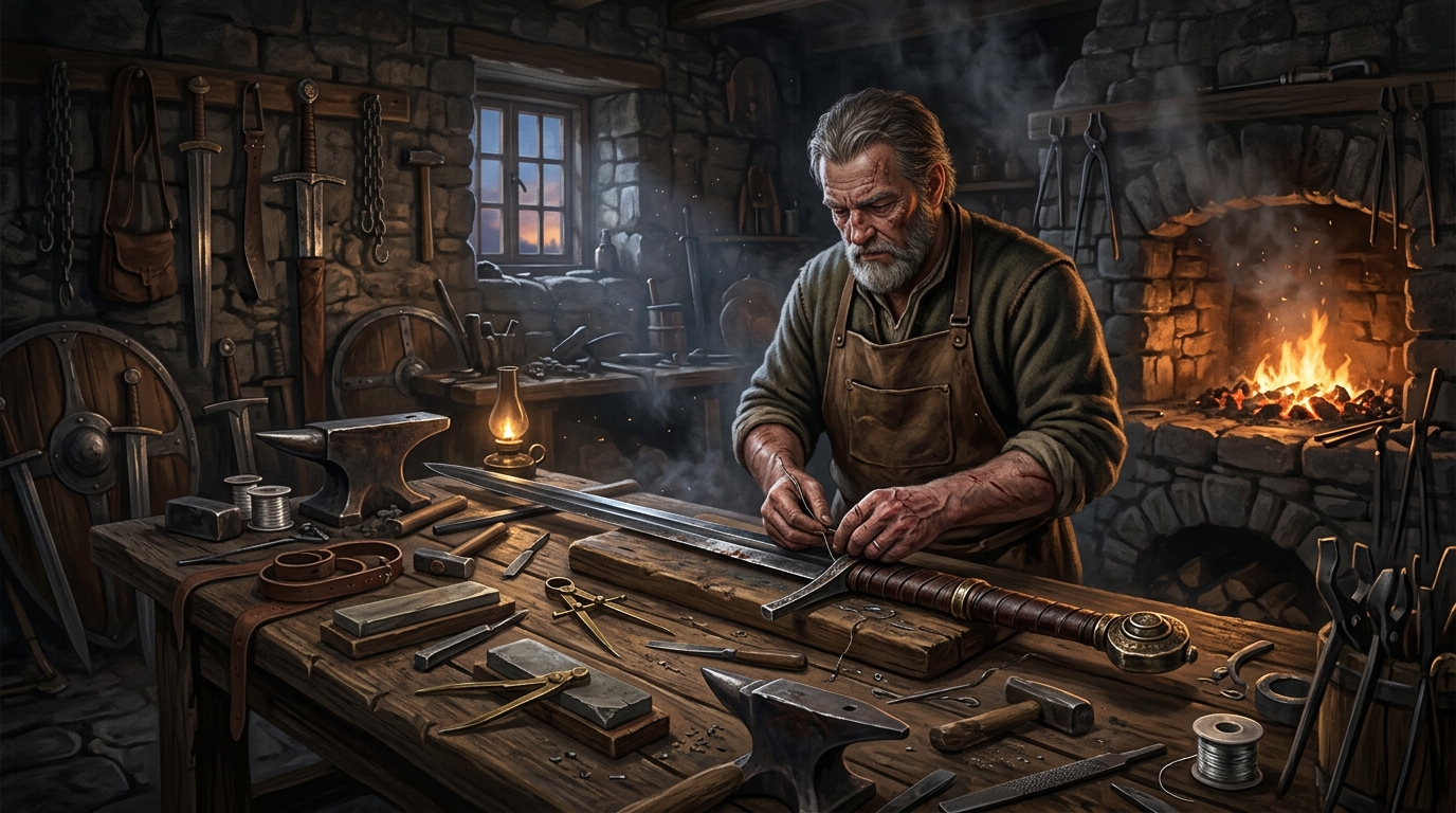 An artisan weaponsmith carefully fitting and wrapping the hilt of a storied steel sword on a cluttered workshop workbench with glowing forge embers in the background